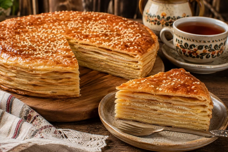 Складываю тонкие блины стопкой с манкой и сахаром: пирог «кадуйский доспешник» выходит слоёным и необычным